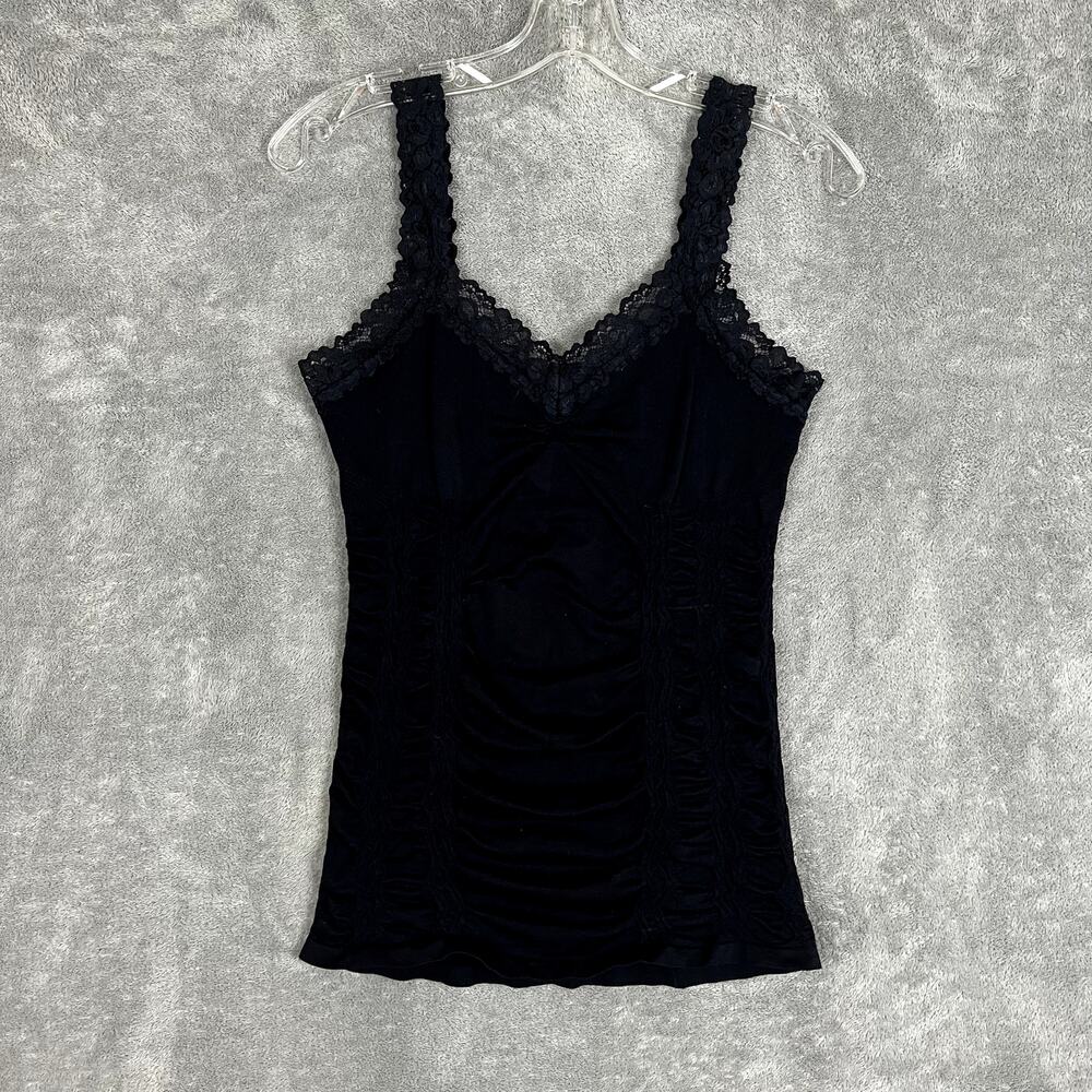 Vintage Y2K Lace Cami Top Womens M/L Black‎ Ruched Fitted Grunge Fairy